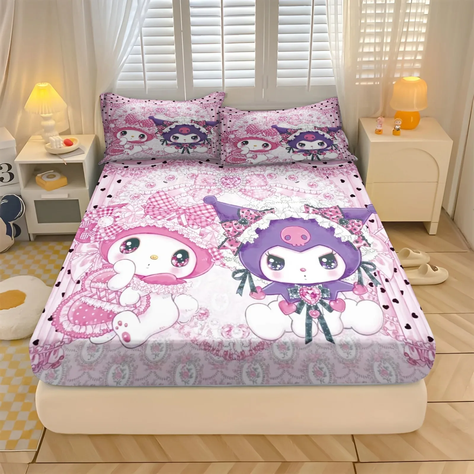 Cartoon Series Polyester Fitted Sheet 2/3pcs Queen Size,Kuromi Bed Sheets Set of Sheets 180x200 Sheet With Elastic Band 150*200