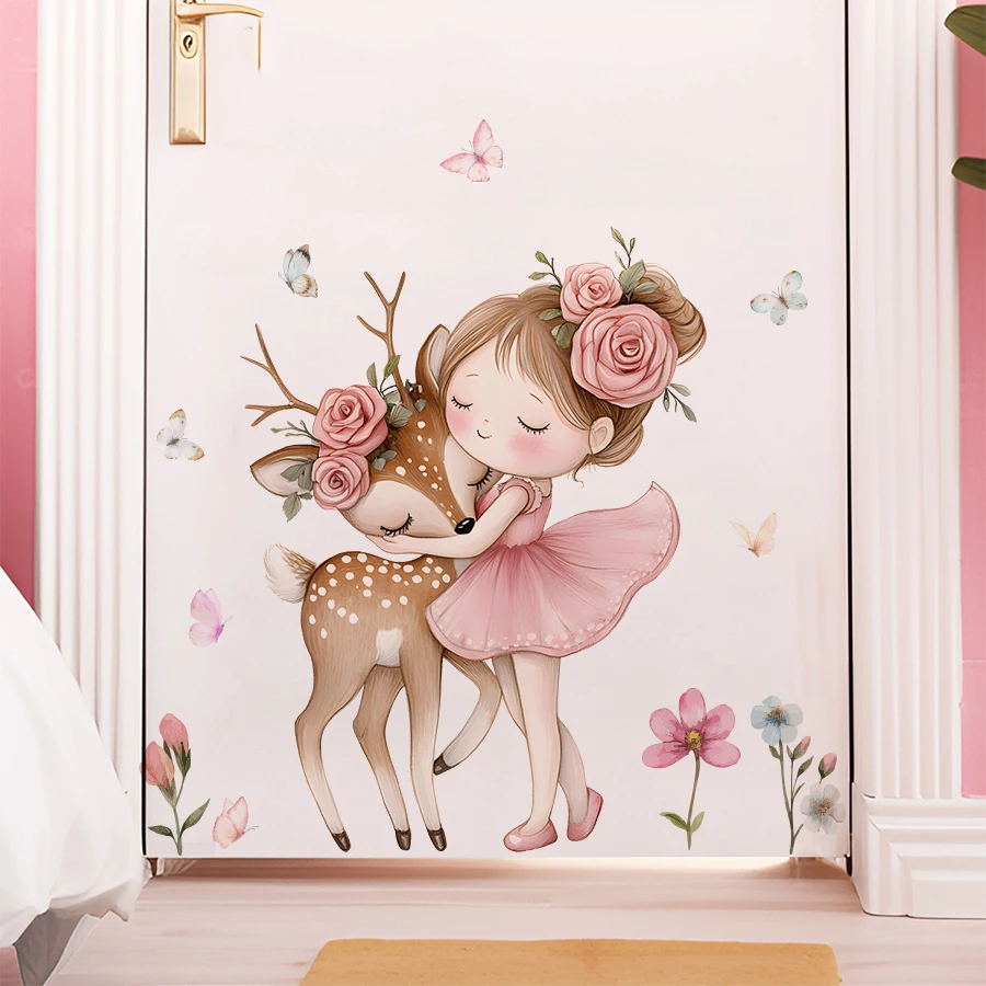 

Cartoon Girl With Deer Wall Decal Woodland Animal Bedroom Decor Waterproof Peel-Stick Home Art For Kids room Wall Art Decals