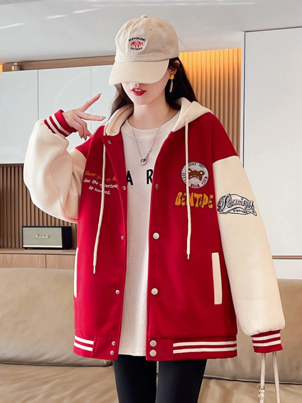 

Baseball Jackets Leather Womens Cargo Style Sherpa Racer Fashion Matte Grid Detachable Stand-Collar Quilted Flocking Youthful OL