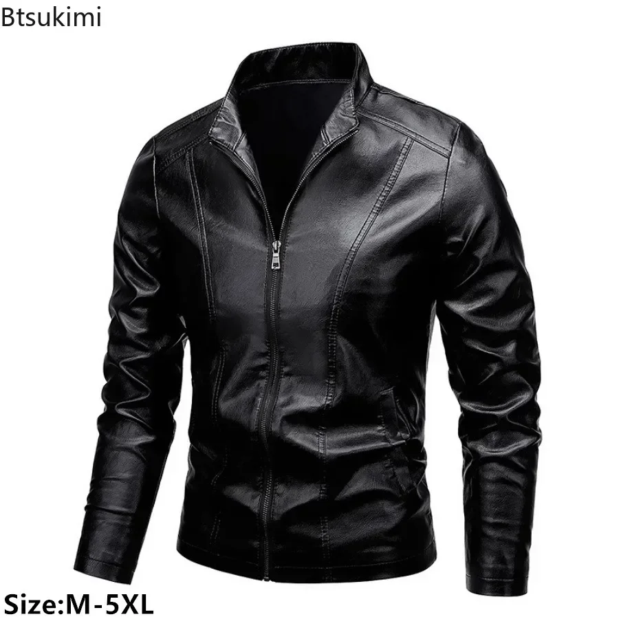 

2025 Men's PU Leather Jacket Fashion Stand Collar Zipper Motorcycle Biker Coats Outdoor Casual Windbreak Faux Leather Jacket 5XL