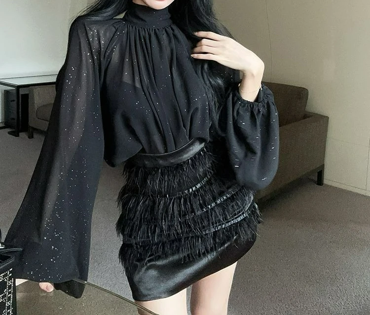 

Premium Suit Temperament Bubble Sleeves Sequined Chiffon Shirt Top Autumn Waist Fringe Hip Skirt