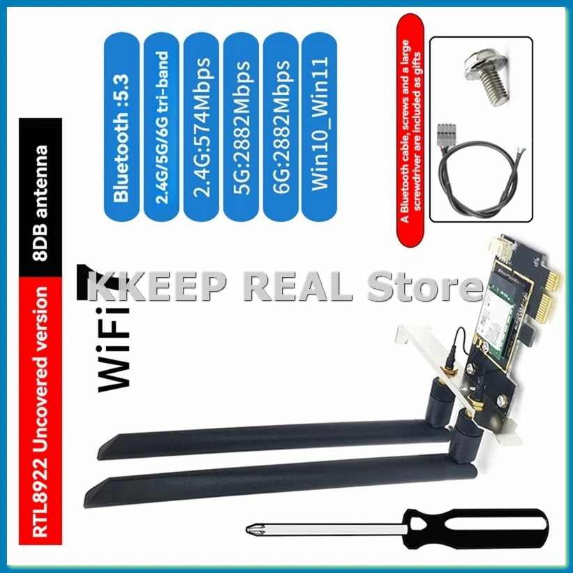 RTL8922AE WiFi7 PCI-E Adapter Card Tri Band 2.4G/5G/6GHz 6338Mbps Bluetooth 5.4 Wireless Network Adapter for Win11/10-A79M