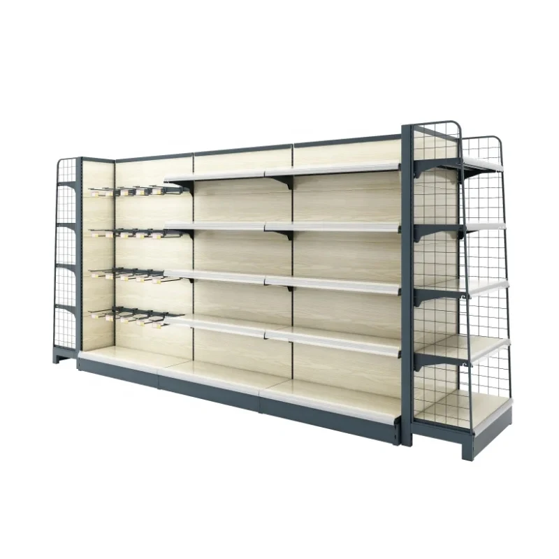 custom.Wood Color Supermarket Shelving Gondola Shelving Double-sided Display Rack
