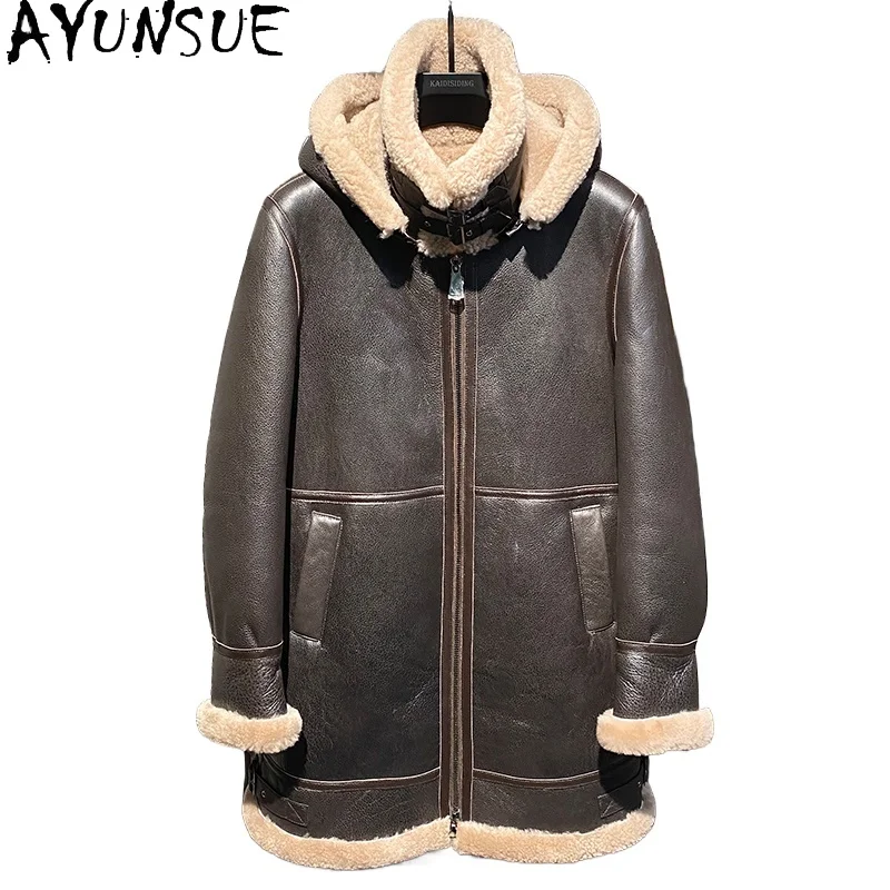 

AYUNSUE Natural Fur Coat Men Real Wool Fur Jacket Hooded Winter 100% Genuine Sheepskin Leather Jackets Man Long Outerwears 2025