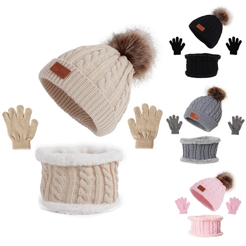 3PCS Set Baby Winter Hat Pompom Children Hat Knitted Cute Warm Cap Scarf Gloves Suit For Girl Boy Casual Solid Color Infant Hat