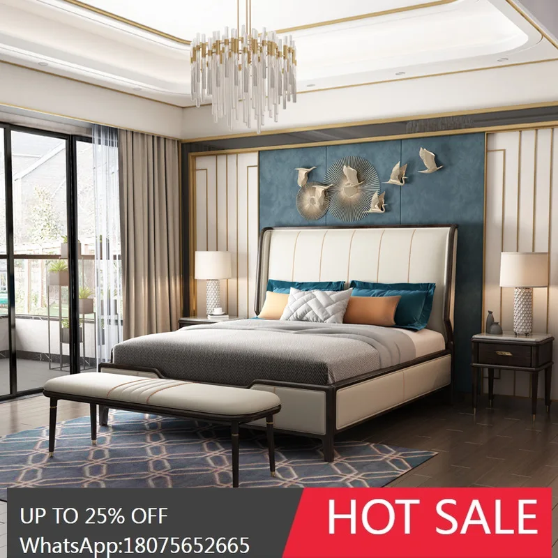 SGF Modern Chinese Style Bed New Chinese Style Full Solid Wood 1.8m Genuine Leather Double Bed