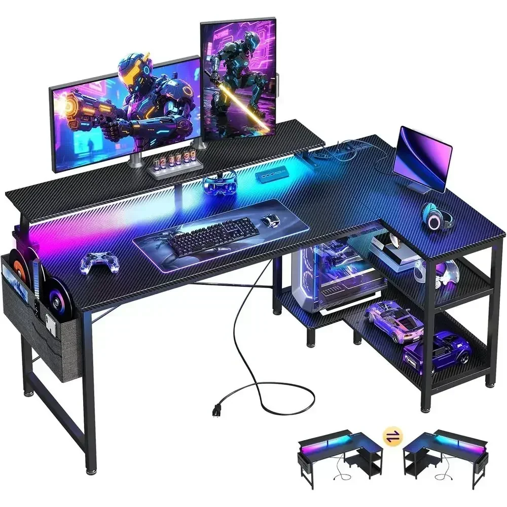 48 USB-Charge Gaming Desk, LED-lit, Reversible L-Shape with Storage & Monitor Stand, Black