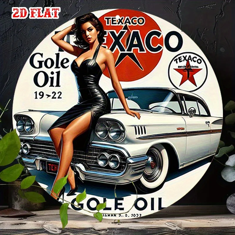 1pc Vintage Texaco Logo Round Aluminum Sign - Retro Car & Pin-Up Girl Metal Wall Art, Rustic Garage Decor, 7.87x7.87 Inch Weathe
