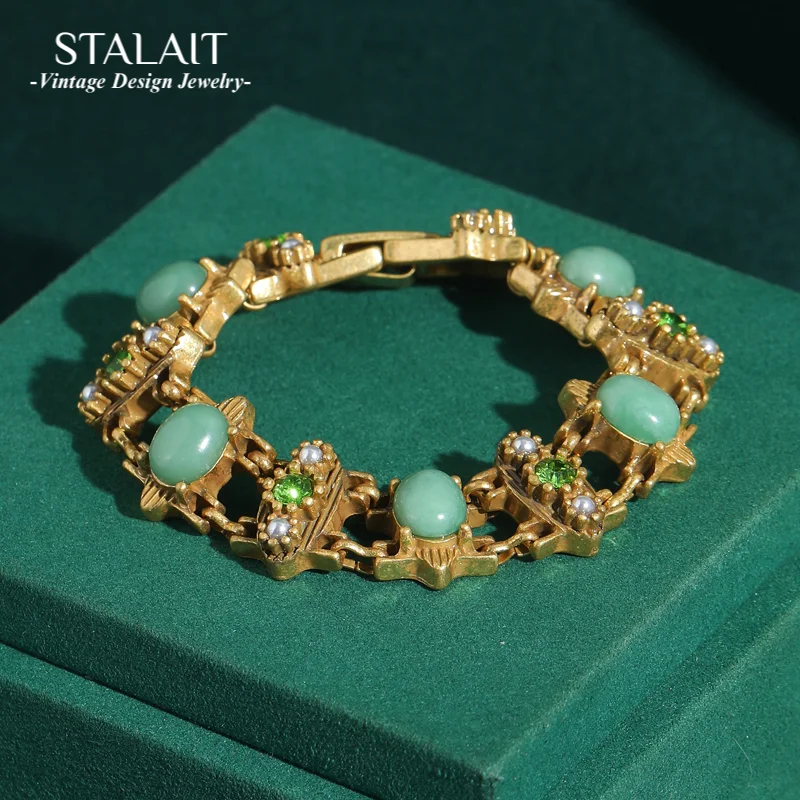 

Vintage Jade Bracelet Made Of Natural Stones Green Rhinestone Hollow Crystal Pearl Bangle For Woman Retro Girlfriend Gift 2025