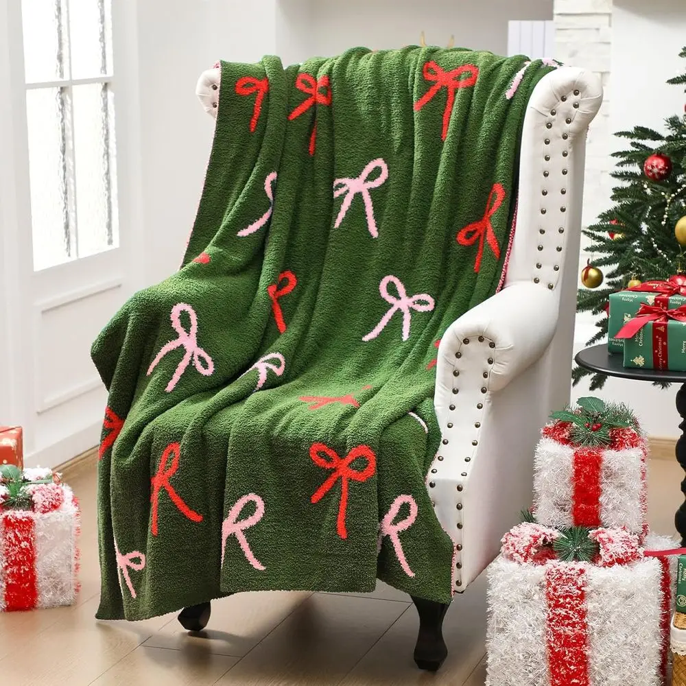 

Green Feathered 50x70 Inch Christmas Bow Throw Blanket - Microfiber Xmas Sofa Decor for Women
