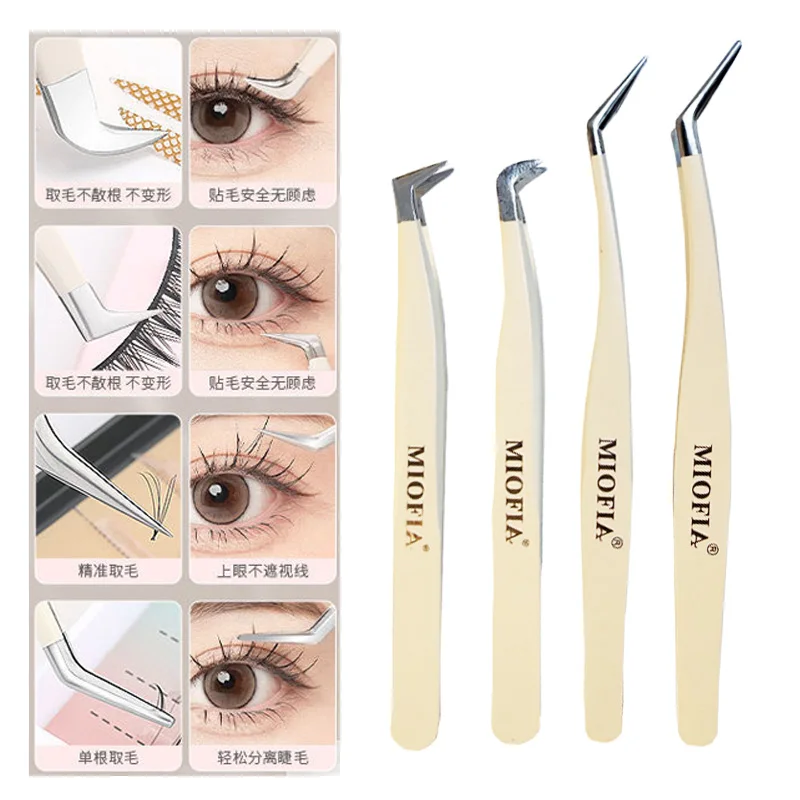 Pinzas de extensión de pestañas MIOFIA, maquillaje de pestañas de acero inoxidable, pinzas multifuncionales 3D, pinzas portátiles, herramientas de maquillaje