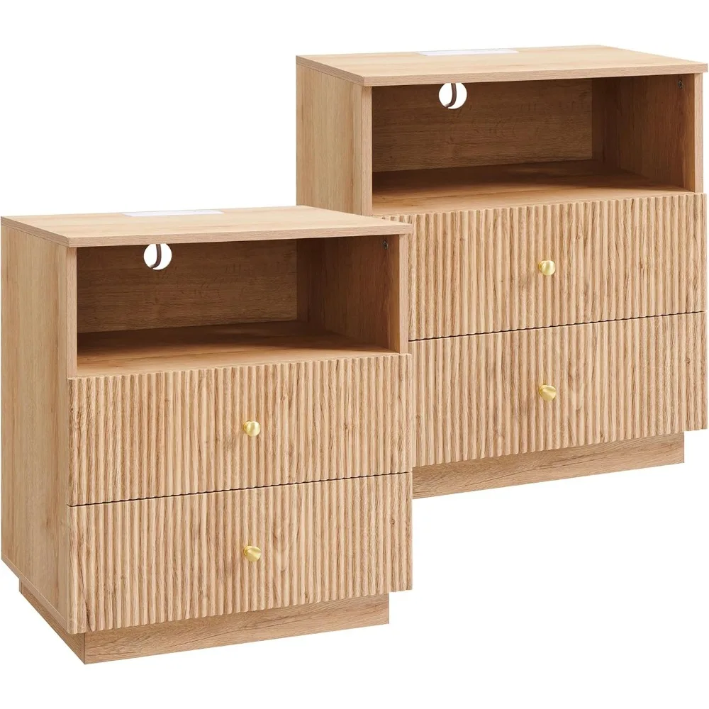 Pair of Contemporary Tall Nightstands, 21.65 Wide Wooden Nightstand with Two Drawers and Open Shelf, Compact Dresser with Fluted