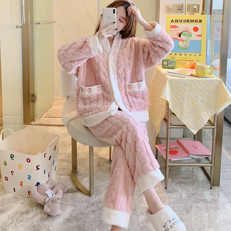 Plus Velvet Pajama Sets Women Sleepwear Long Sleeve Thick Coral Fleece Winter Students Preppy Loose Korean Home Cozy Soft Female