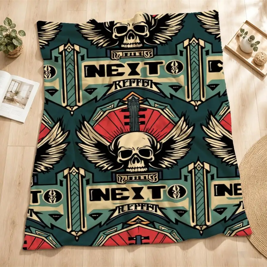 Retro Rock & Roll Throw Blanket with Vintage Guitar & Skull - Soft Flannel Weighted Bedspread Suitable for Couch, Bed, Office - Nostalgic Music Gift for,, for - Machine Washable Warm Blanket for Seasons (No Revision), 2D Flat
