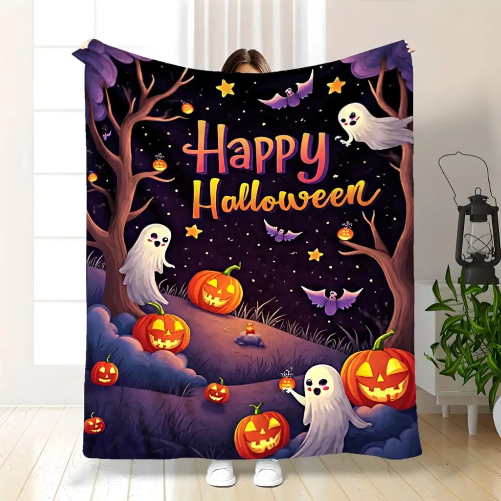Halloween Orange Black Pumpkin Face Spooky Design Soft Cozy Throw Blanket for Sofa Bed Nighttime Thrill