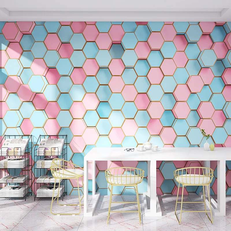 Customized Nordic macaron color check square mural beauty salon nail wallpaper clothing store background wall bedroom restaurant