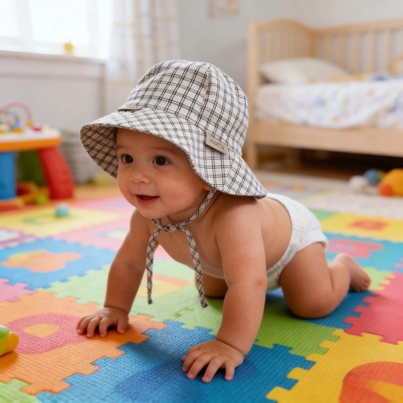 Boy Sun Hat 45-48cm 0-24 Months Baby Striped Cap Girl Solid Sunscreen Hat Cotton Caps Kid Grid Cotton Windproof Hats image 3
