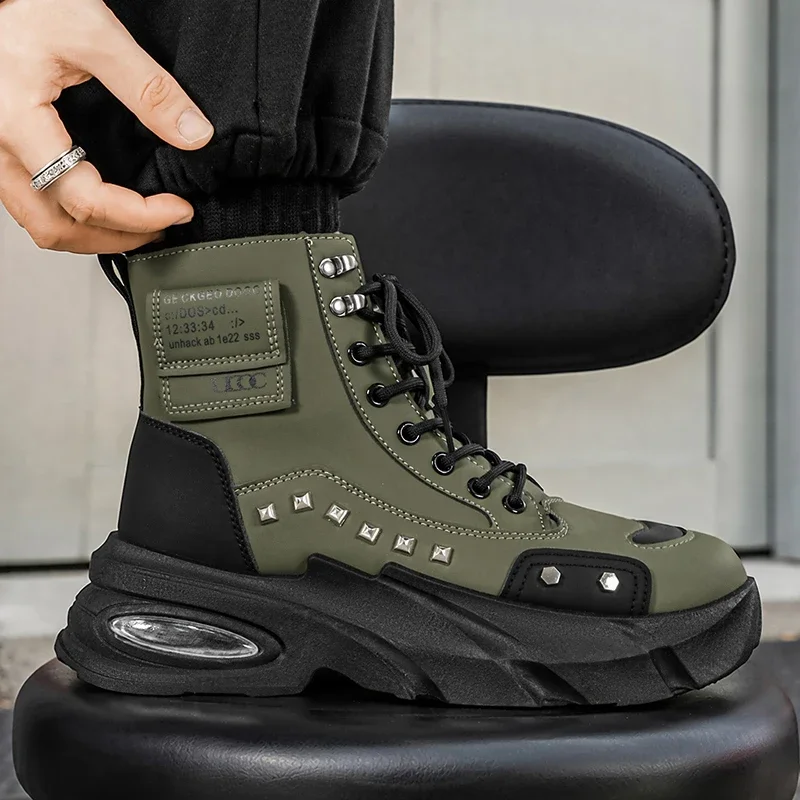 Boots for Man Fashion Men Motorcycle Shoes Rivet Leather Design Luxury Shoes Gothic Black Street Hip Hop Punk Rock Ankle Boots