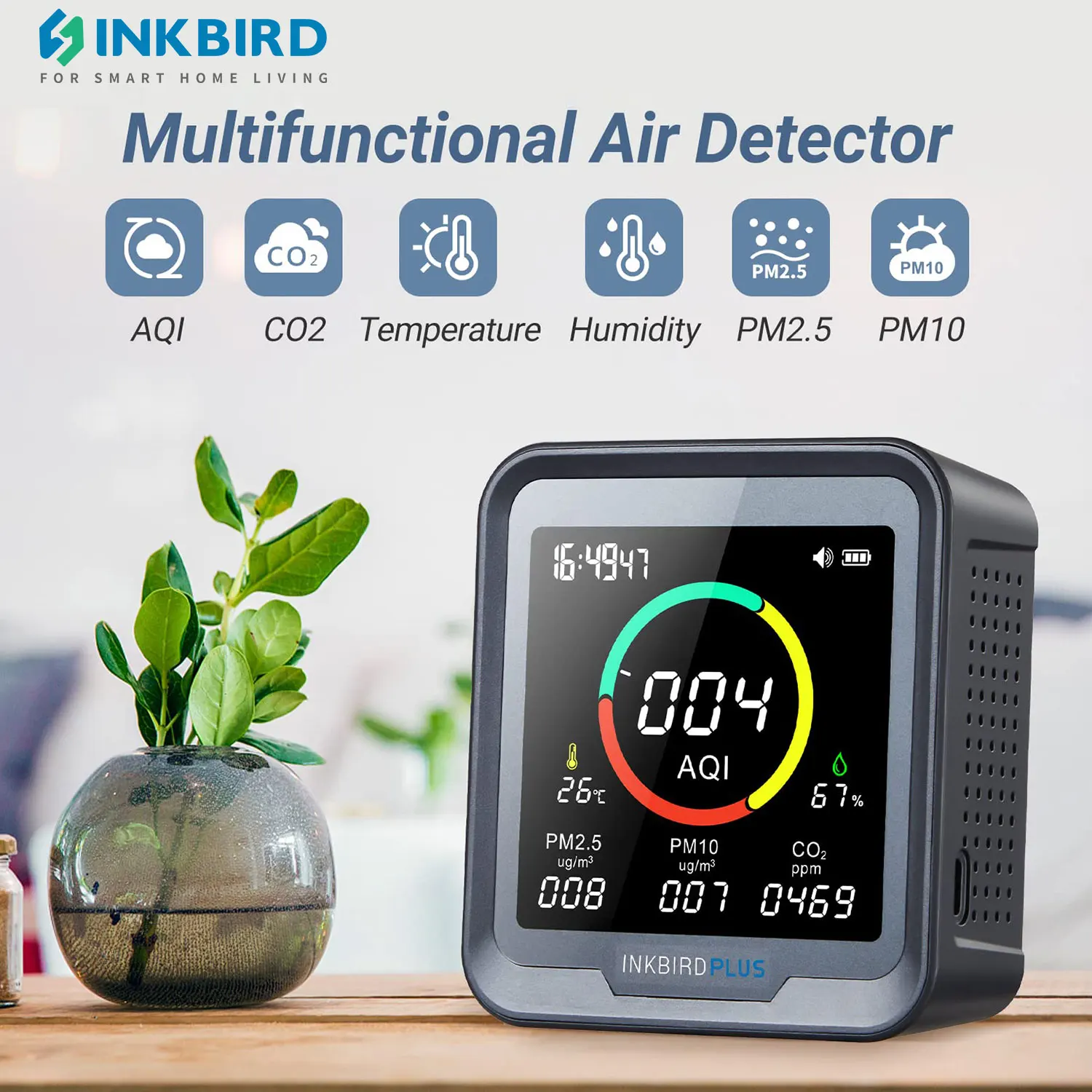 

INKBIRDPLUS Air Quality Monitor Detects CO2, PM2.5, PM10, AQI, Temperature and Humidity with Alarm, for Rooms, Cellars, Office