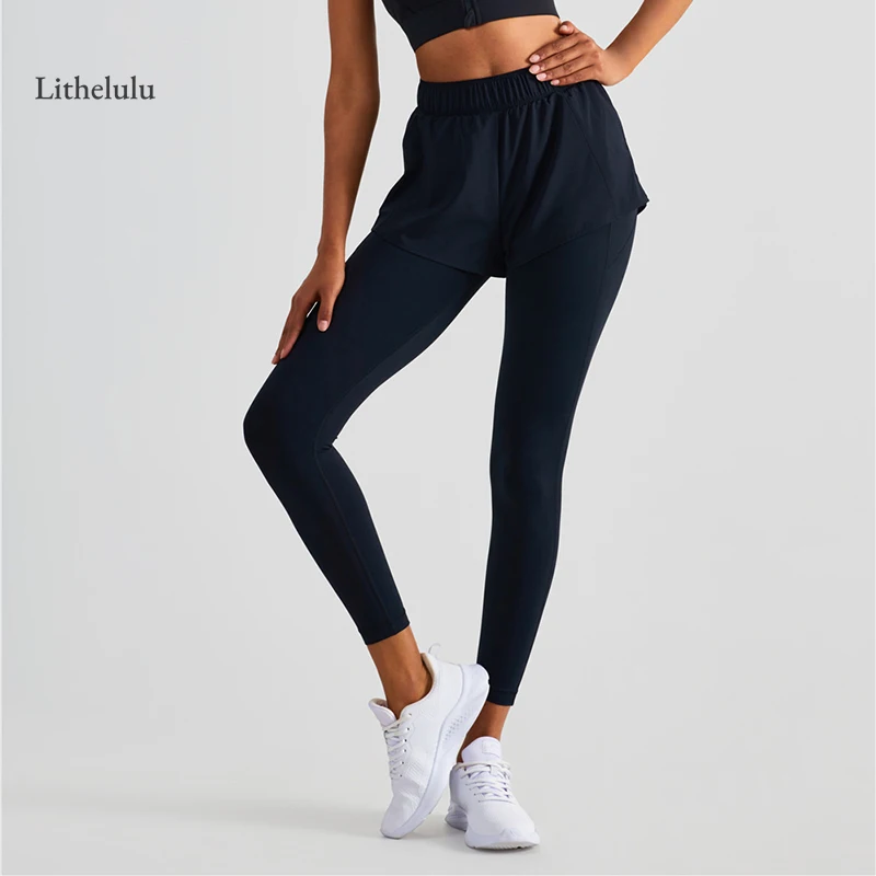 Women Legging Fake Two Piece Yoga Sports Pants Summer Spring High Waist Workout Fitness Tight Trouser Gym Yoga