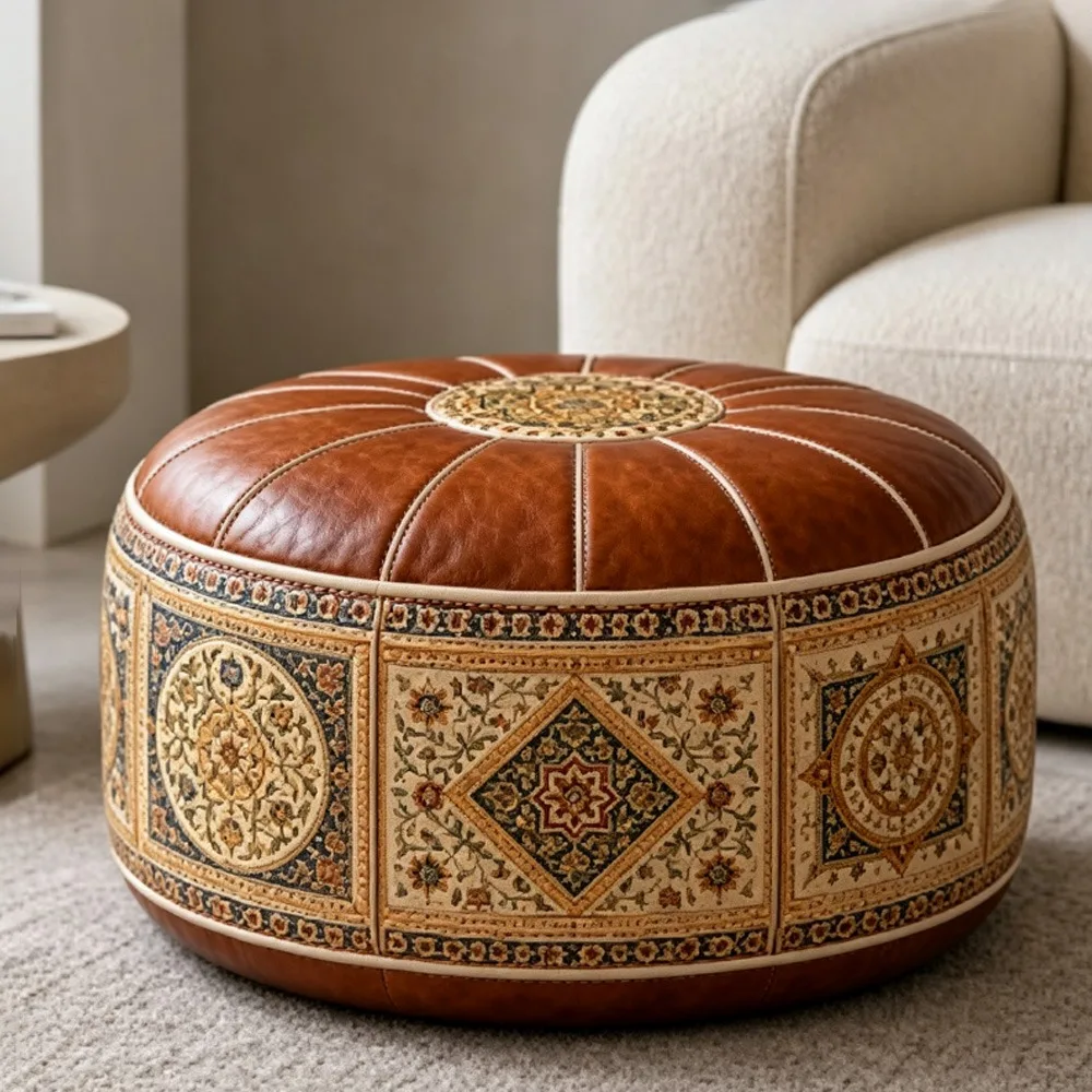 Boho Pattern Ottoman Pouf PU Leather Large Opening Storage Ottoman Fillable Design Water Resistant Footstool Cover Living Room