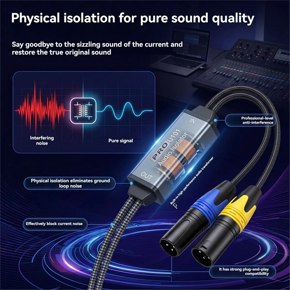 DT85 HOT 3.5mm to Dual XLR Audio Isolator PRO U101 XLR Noise Isolator Current Sound Noise Filter Canceller Audio Noise Isolator