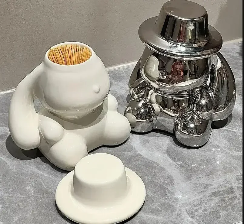 Modern Rabbit Toothpick Box Ceramic Storage Can with Lid Creative Home Decoration Toothpick Cotton Swab Organizer Ornament