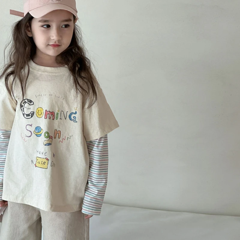 

Children Loose Letter Tops Pullover Long Sleeves T-shirt Boys Fashion Patchwork Cotton Tees Girls Boutique Bottoming Shirt