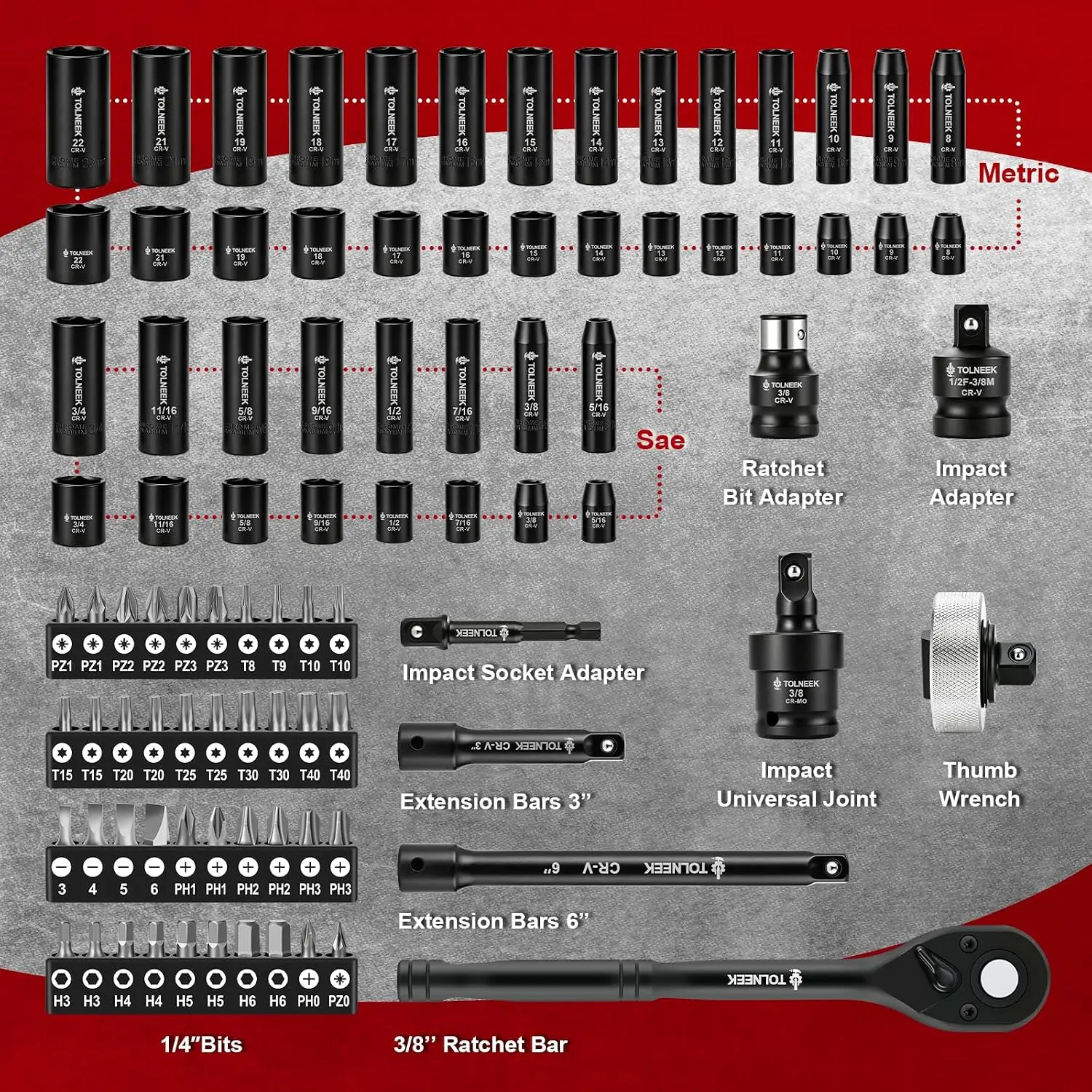 3/8 Impact Socket Set, 92PCS 6-Point (5/16