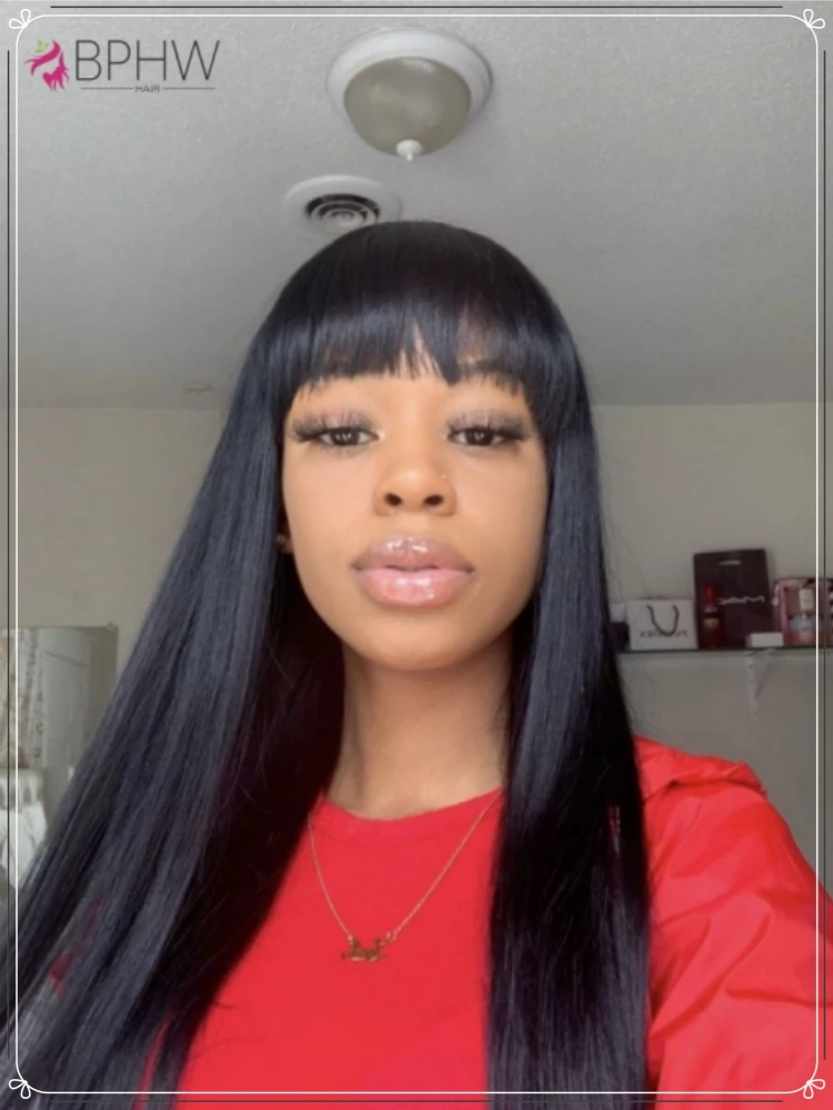 

Bone Straight Human Hair Wig With Bangs Brazilian Full Machine Made 100% Human Hair Wigs For Women 180 Density Wigs Wholesale