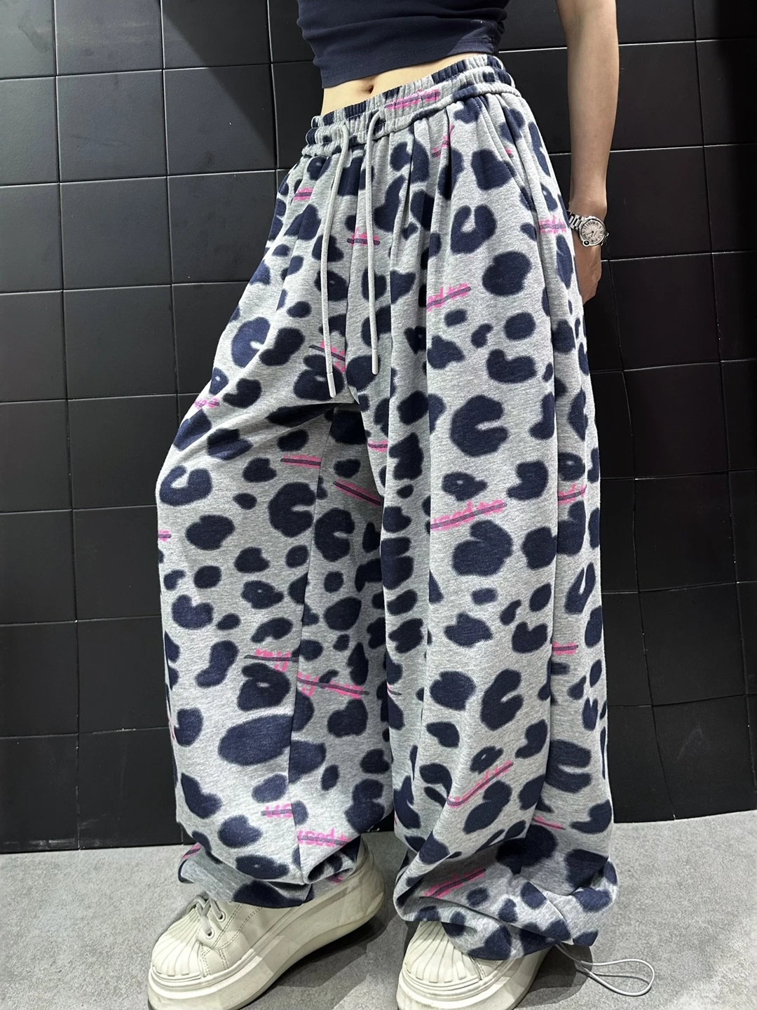 

Loose Wide Leg Pants Women's Elastic Waist Cotton Sweatpants Leopard Print Casual Street Dance Long Trousers Spring Summer