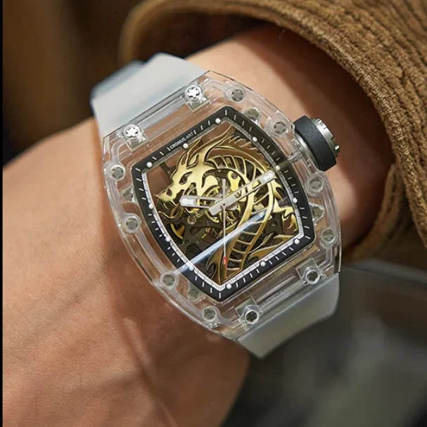 

CRONUSART Men Automatic Watch 50mm Tonneau Mechanical Wristwatch Sapphire Case Luminous Skeleton Dragon Dial