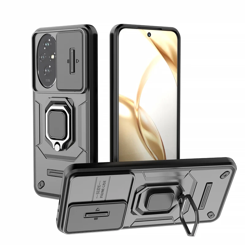 Honor 200 5G用 レンズ保護アーマーケース、耐衝撃マグネットホルダーリングスタンド付き、スライドカメラバックカバー