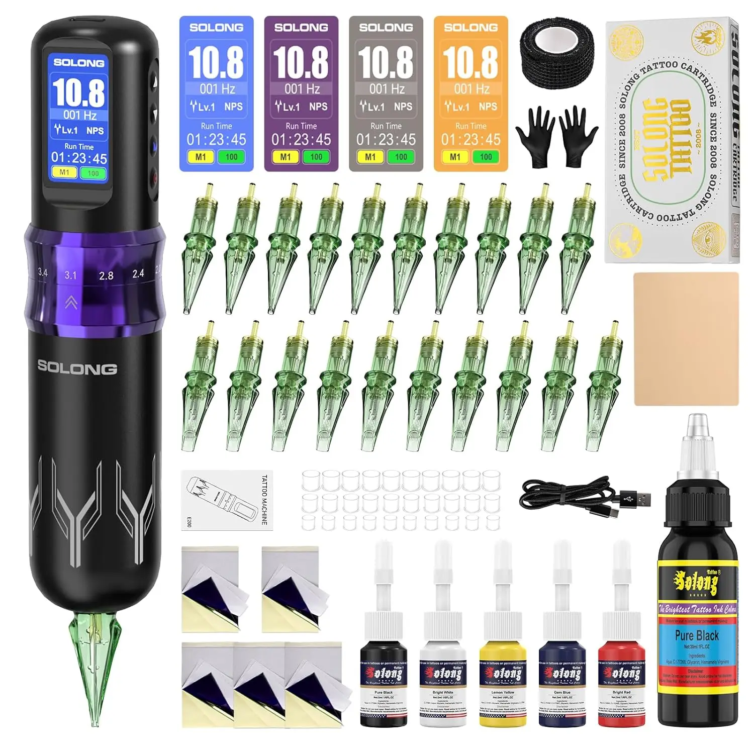 

Complete Tattoo Kit with 7 Stroke Lengths, Powerful Battery, Assorted Cartridge Needles for Beginners (Purple)