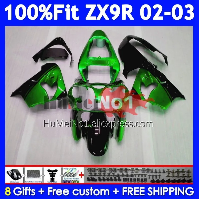 OEM Body For KAWASAKI NINJA ZX-9R ZX 9R 900 CC 9 R 215No.51 ZX900 ZX9 900CC ZX9R 02 03 2002 2003 Green black Injection Fairing