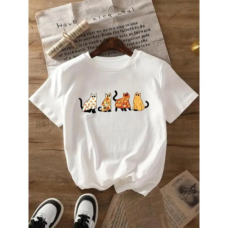 

Women's Cute Cat T-Shirt Cartoon Kitty Graphic Tee Colorful Pet Lover Casual Summer Cotton Top Animal Print Gift