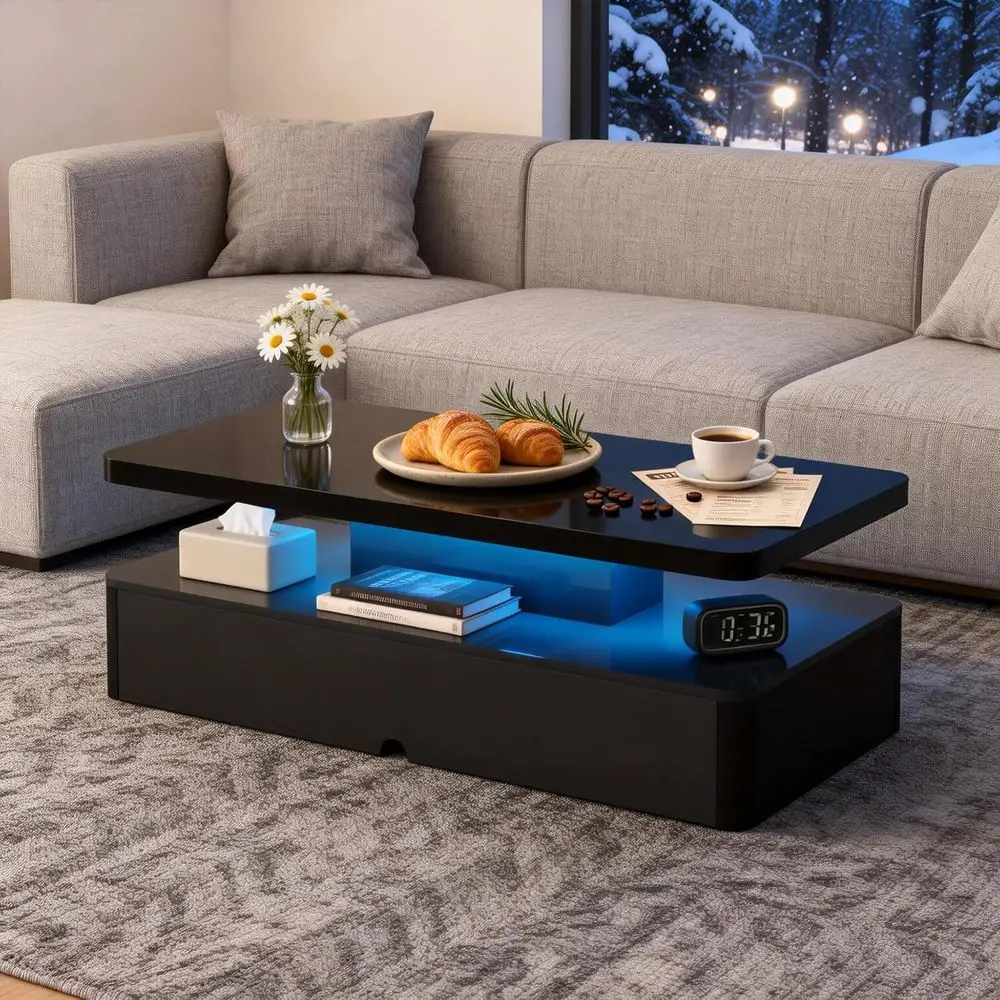 

47 Coffee Table with 16 LED Lights, 2-Tier Design, Large Storage, Modern Glossy Wood for Living/Bedroom/Home Office, Black