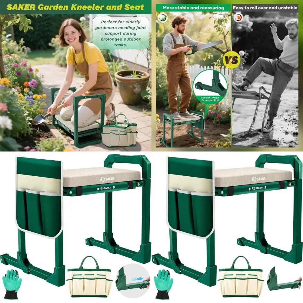 

Portable Gardening Stool with Extendable Legs, Thick Cushion, Storage Pocket, Ideal for Heavy Duty and Elderly Use