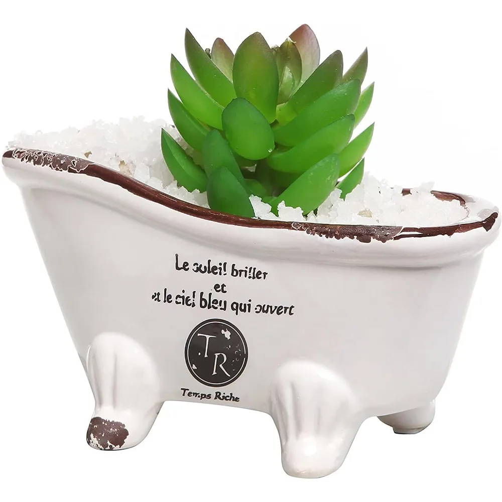 

6-Inch White Ceramic Indoor Plant Pot, Claw Foot Bathtub Mini Succulent Planter Pot, Petite French Country Bathroom Decor