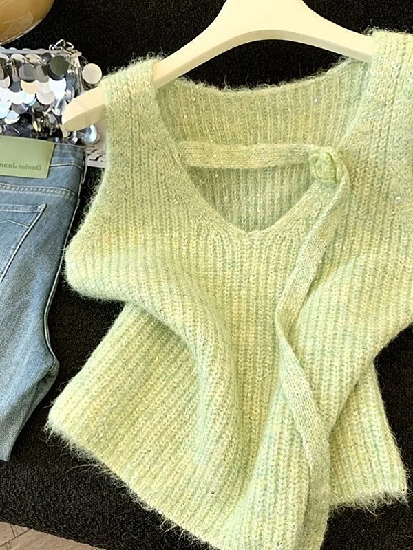 

Loose Women's Knitted Vest Pure Color Autumn Winter New Style Korean Version Shiny Sequin 3D Flower Sleeveless Sweater Vest T...