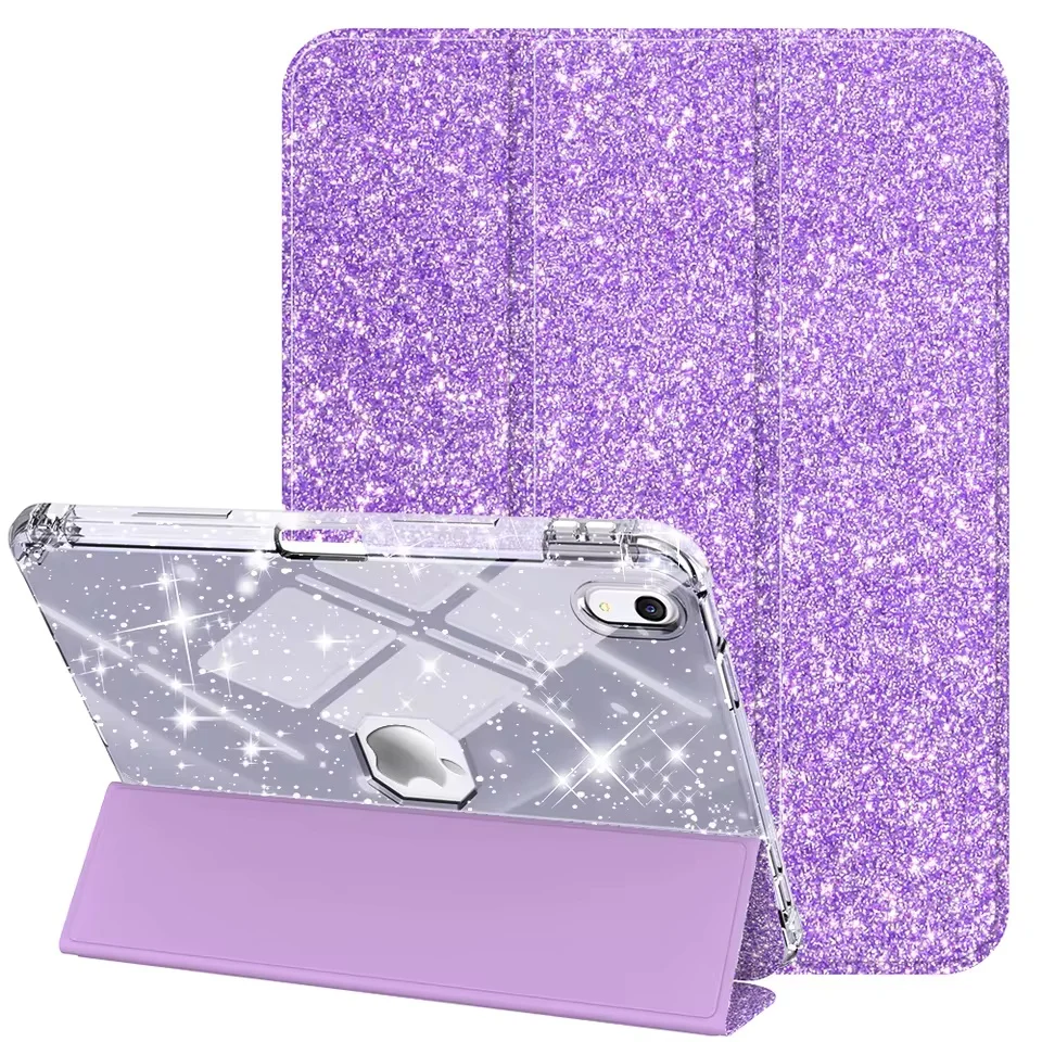 iPad 10th 11th Gen Case Only for A16 2022 Pencil Holder Sparkle Glitter Tri Fold Auto Sleep Slim Cover with Clear Back  iPad  10