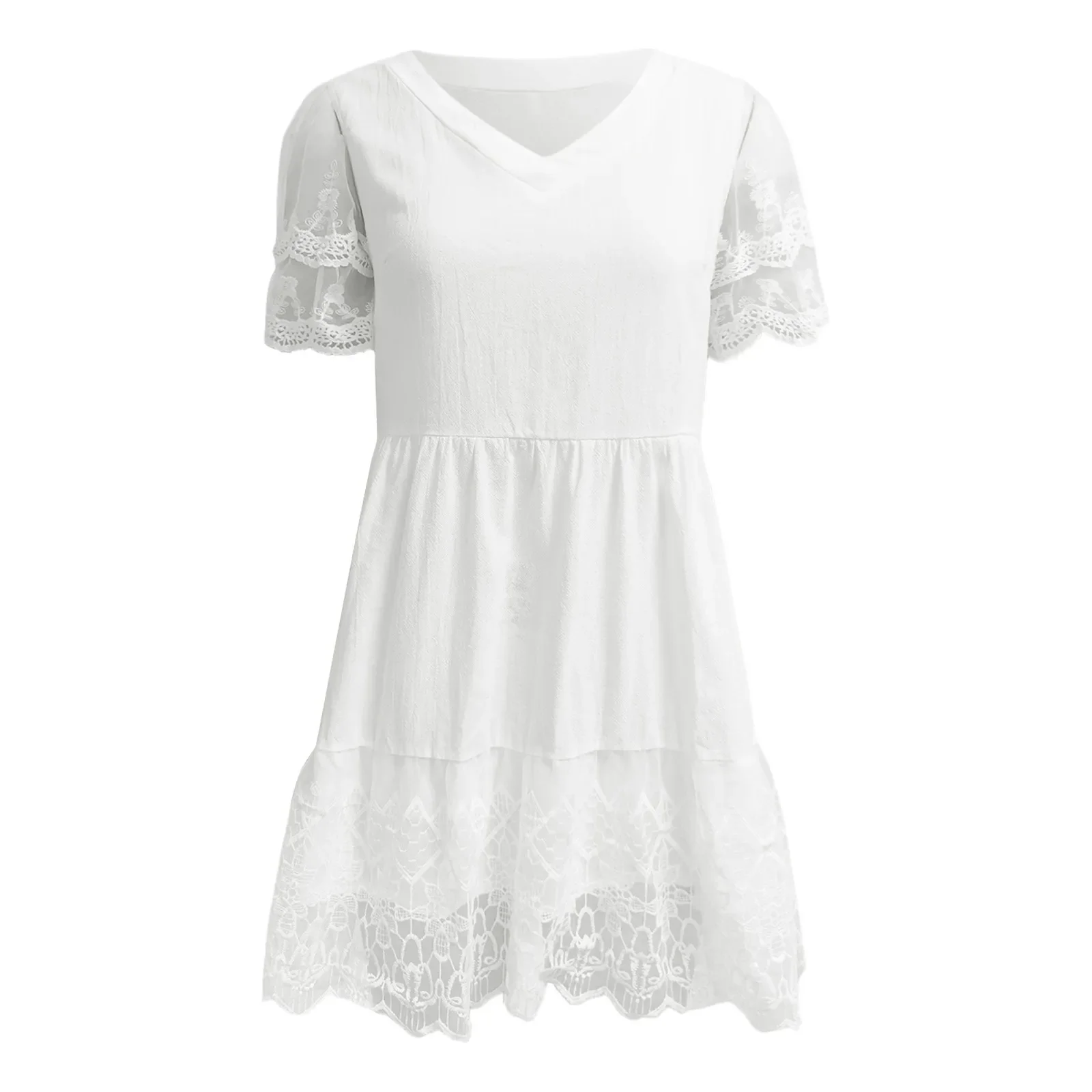 Vestido blanco de encaje con cuello en V para Mujer, minivestido plisado de manga corta, holgado, informal, para vacaciones, 2024