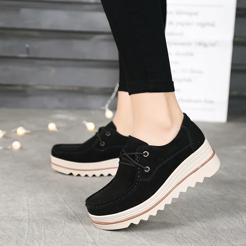 2020 Autumn Women Flats Thick Soled Leather Suede Platform Sneakers Shoes Female Casual Shoes Lace Up Flats Creepers