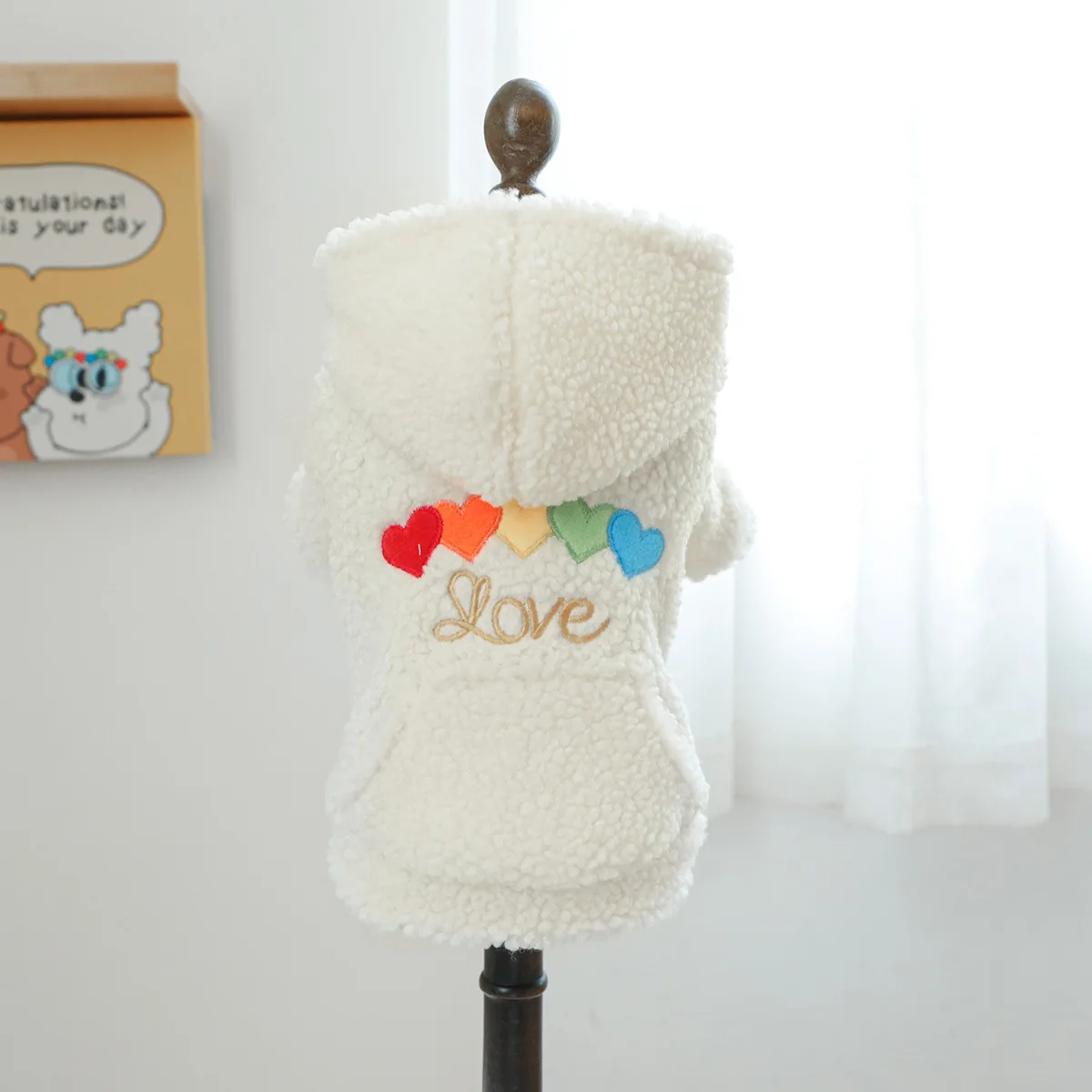 Pet Love Lamb Fleece Coat Clothes Dog Hoodie Coat Cat Clothing Rainbow Love Plush Coat Dog Clothes for Small Dogs Puppy