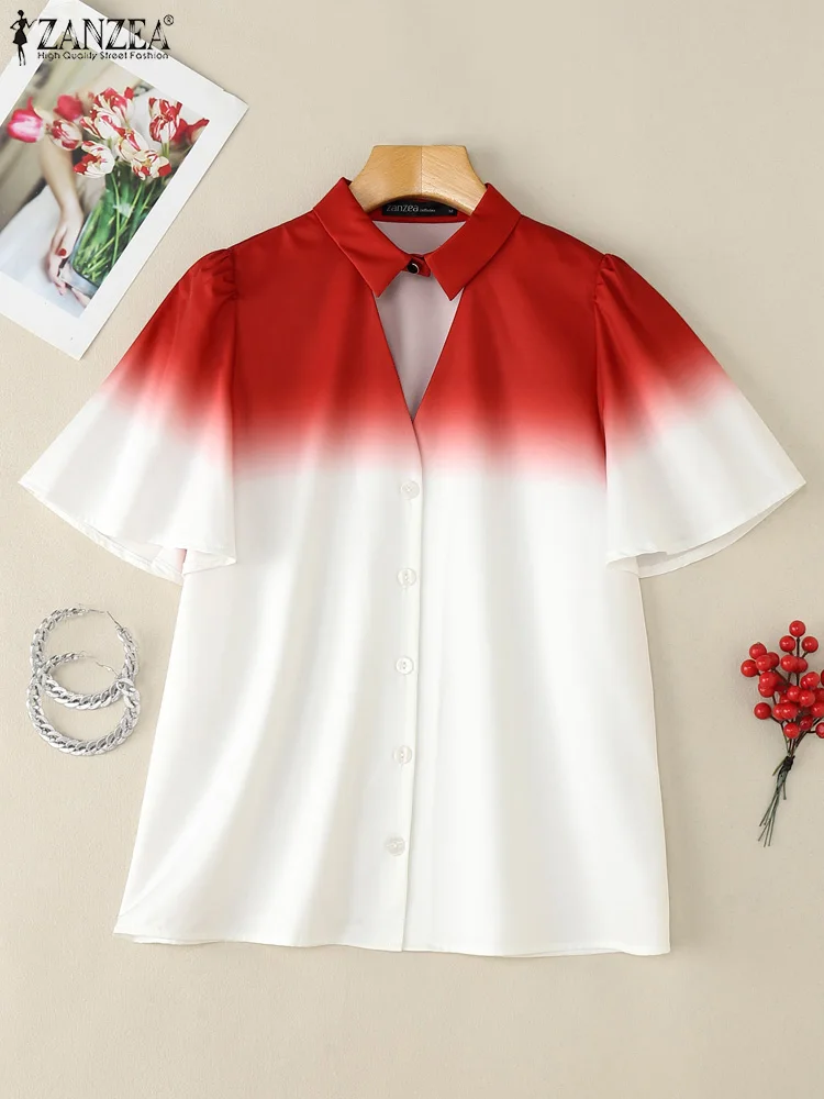 

2025 ZANZEA Stylish Office Work Shirts Women Summer Blouses Elegant Short Petal Sleeve Tunic Tops Fashion Contrast Color Blusas