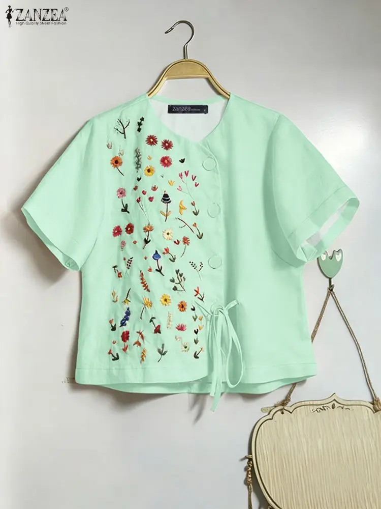 

ZANZEA Women's Floral Printing Causal Shirts V-Neck Short Sleeve Button Up Lace-Up Shirt 2025 Summer Everyday Wear Woman Clothes