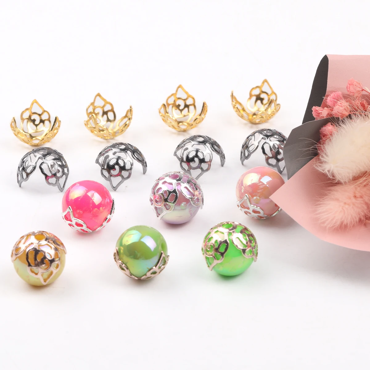 20pcs/30pcs Multicolor Rose Flower Tray shape Zinc alloy Beads with 3mm Drilled Holes Beads for pen making Loose Spacer Beads