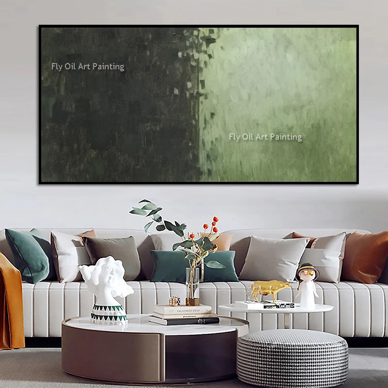 Popular Hand Drawn Green Black Abstract Oil Painting For Living Room Decor Large Simplism Design Light Green Wall Art As Gifts