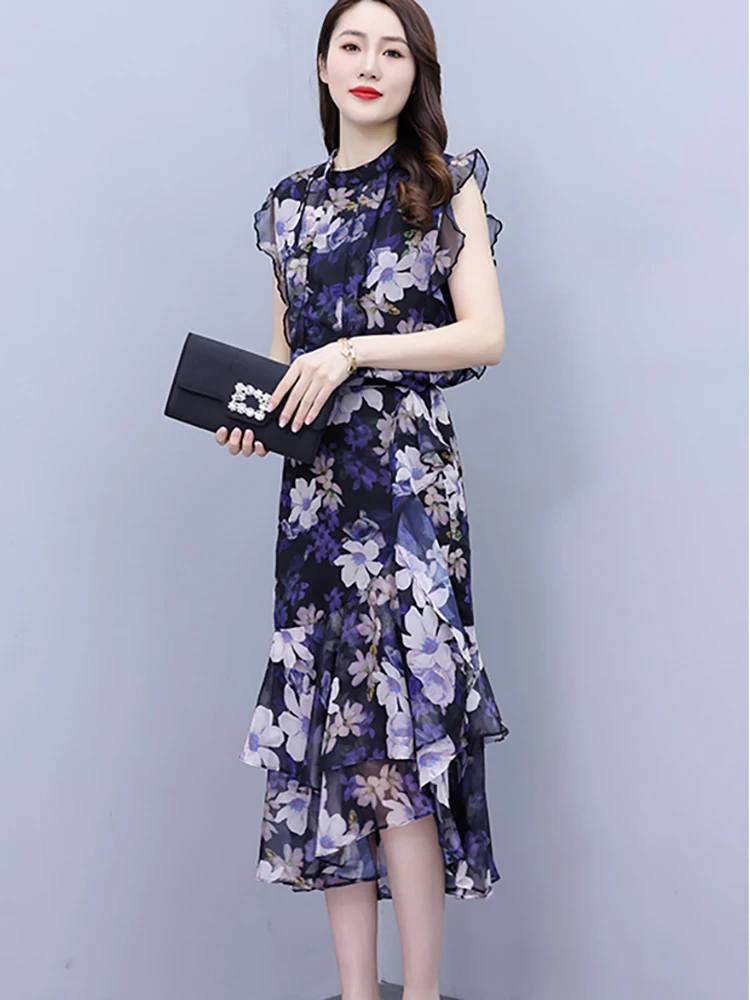 2024 Summer Casual Chic Ruffled Cake Skirt Women Elegant Fashion Bodycon Prom Night Long Vestido Vintage Floral Party Midi Dress