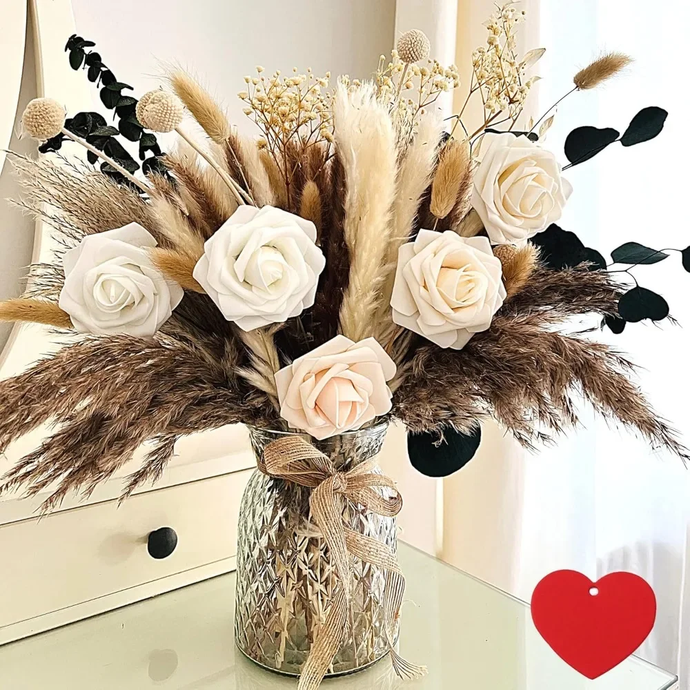 

100pcs Artificial Flower Arrangements with Vase, Pampas Grass with Vase Included for Dining Table Centerpiece